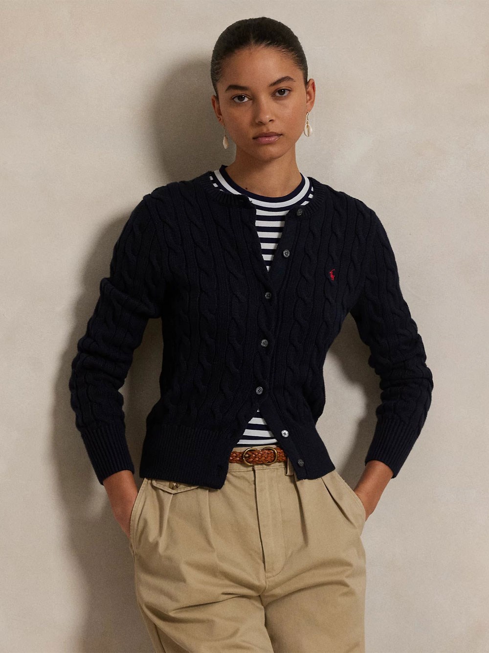 CABLE-KNIT COTTON CREWNECK CARDIGAN