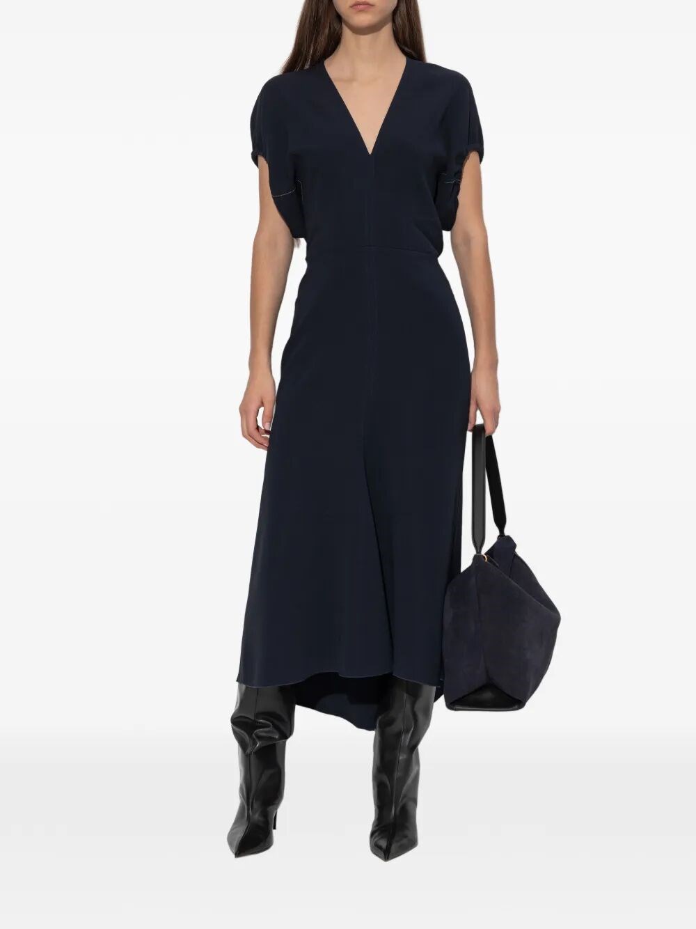 BLOUSON DETAIL V-NECK MIDI DRESS