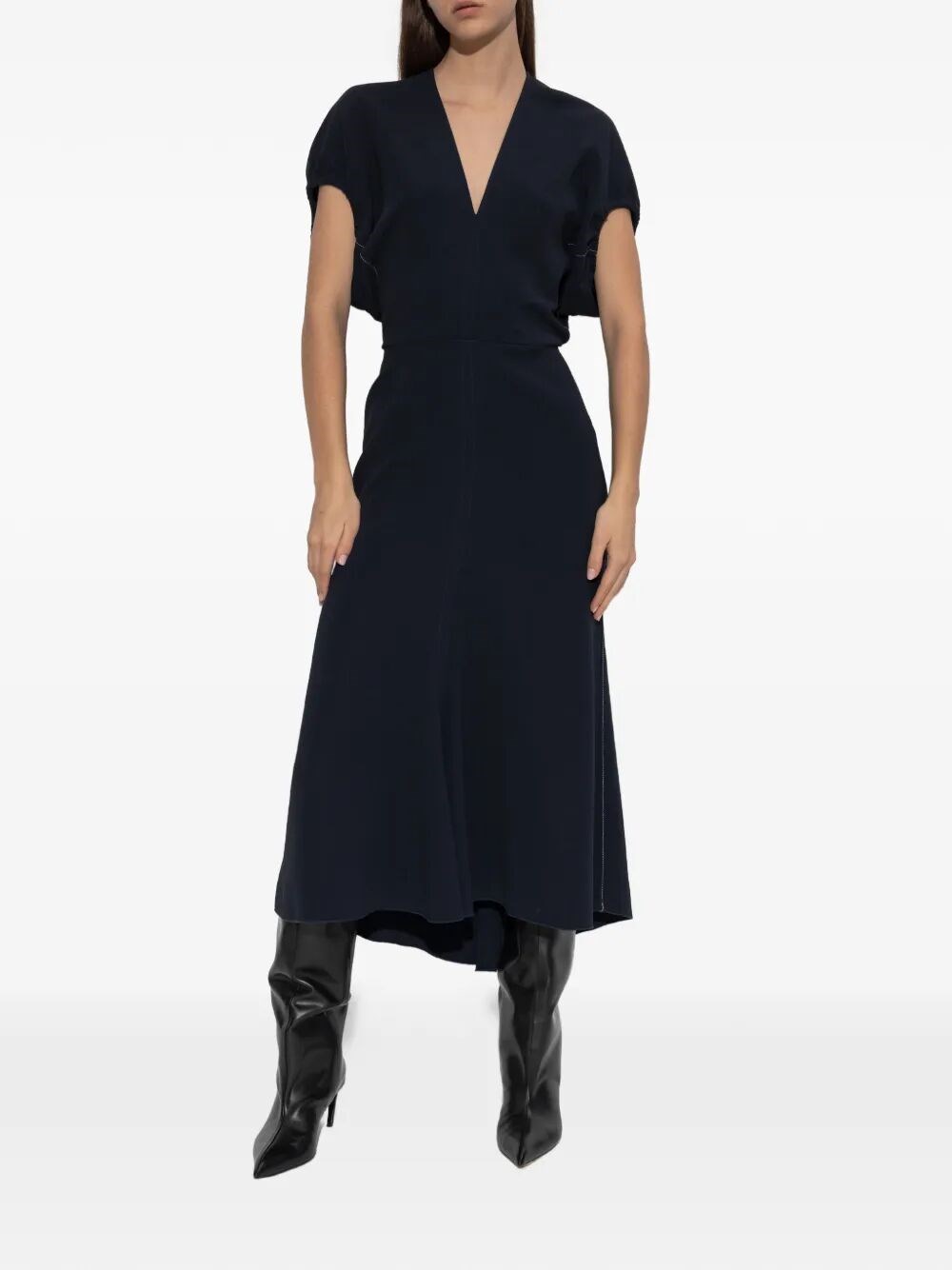 BLOUSON DETAIL V-NECK MIDI DRESS