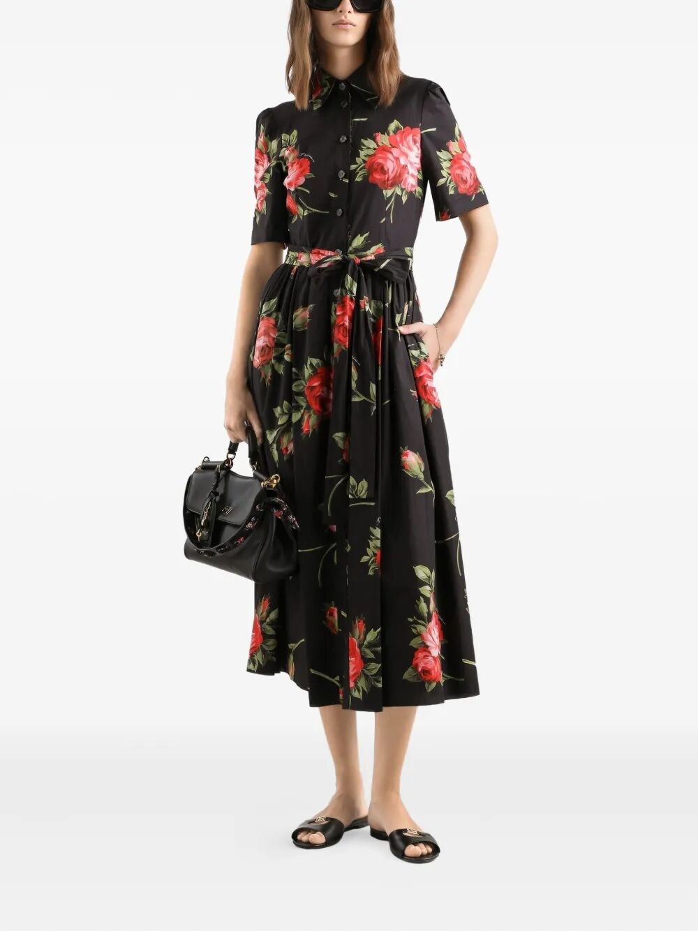 ROSE BOUQUET-PRINT POPLIN SHIRT DRESS
