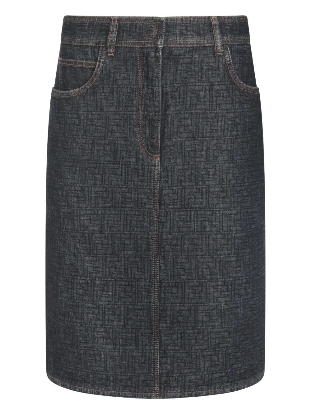 FLARED MIDI DENIM SKIRT WITH ALL-OVER QUILTED FF MOTIF