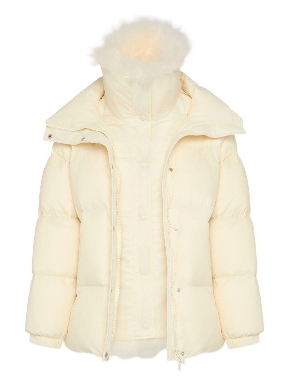 YS ARMY COLLECTION: MID-LENGTH DOWN JACKET WITH REMOVABLE BIB AND LAMBSWOOL TRIM