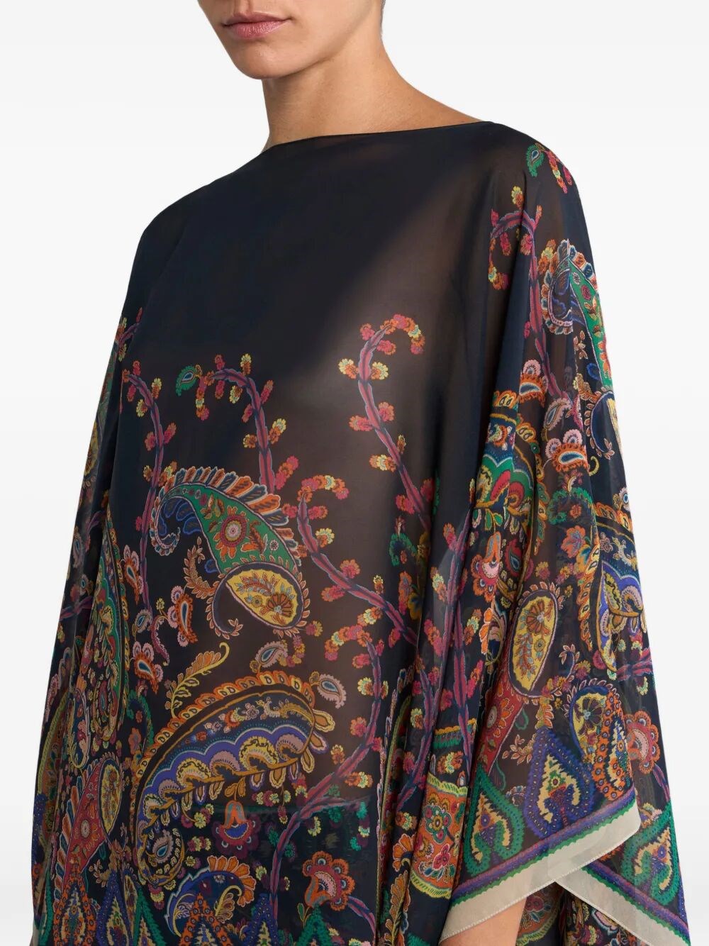 SILK PONCHO TOP WITH PLACED FLORAL PAISLEY PRINT