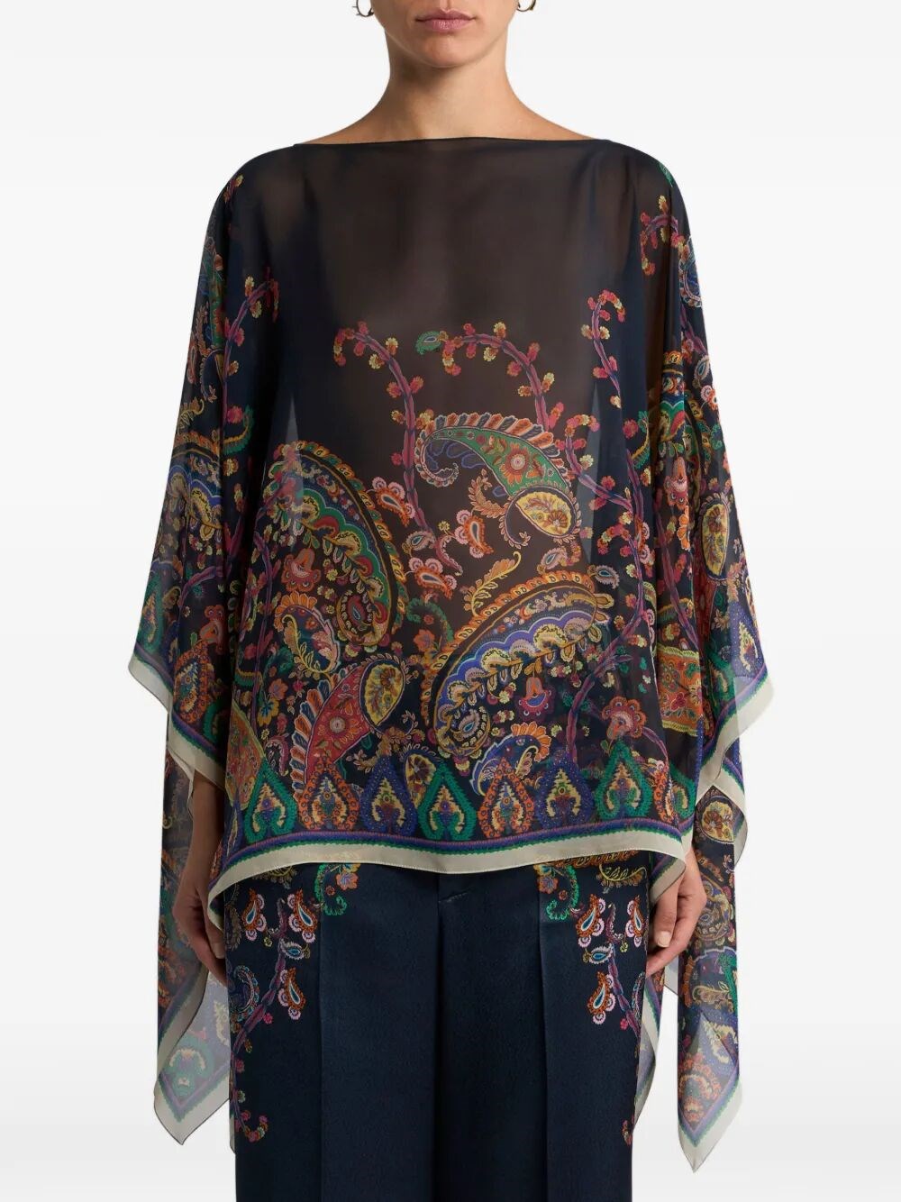 SILK PONCHO TOP WITH PLACED FLORAL PAISLEY PRINT