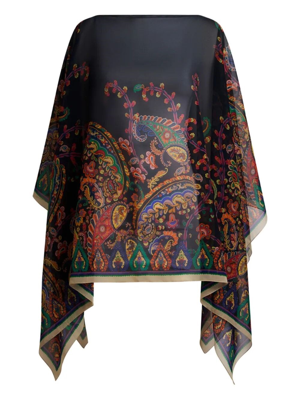 SILK PONCHO TOP WITH PLACED FLORAL PAISLEY PRINT