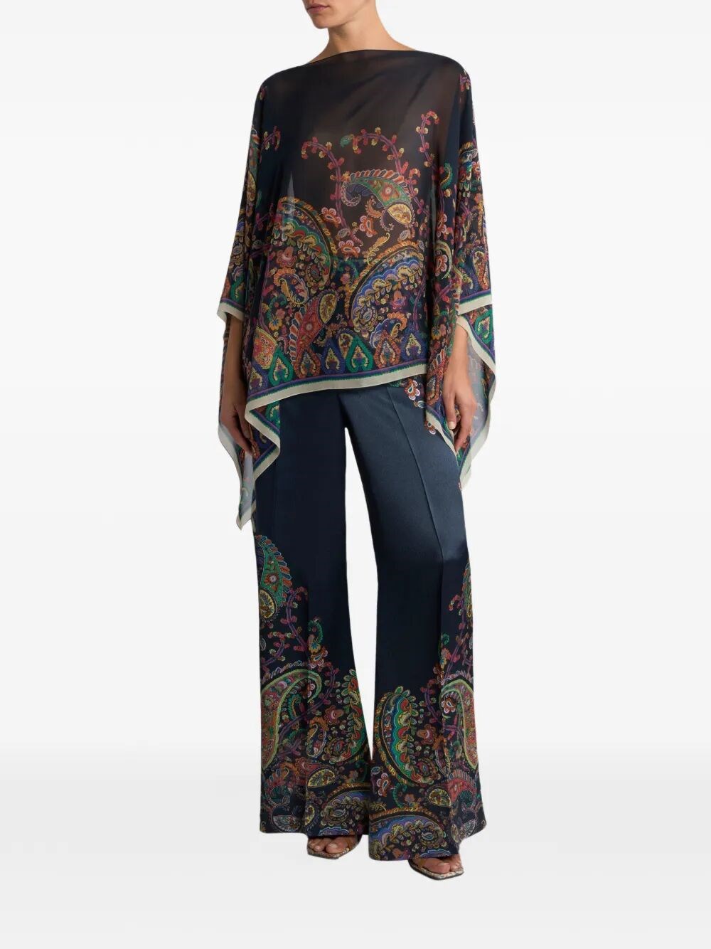SILK PONCHO TOP WITH PLACED FLORAL PAISLEY PRINT