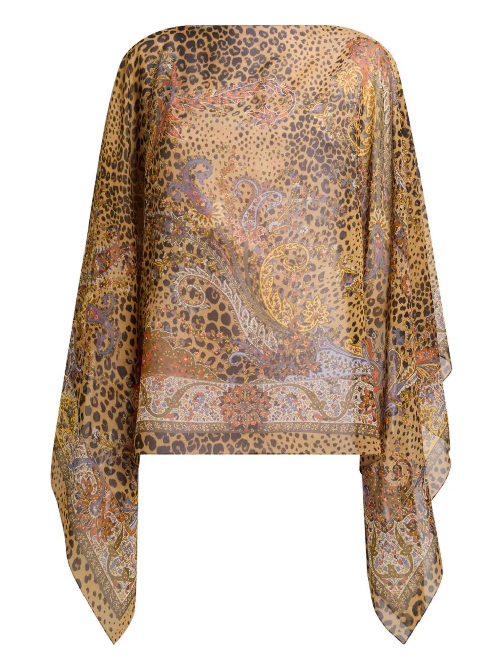 SILK PONCHO TOP WITH PAISLEY AND ANIMAL MOTIF