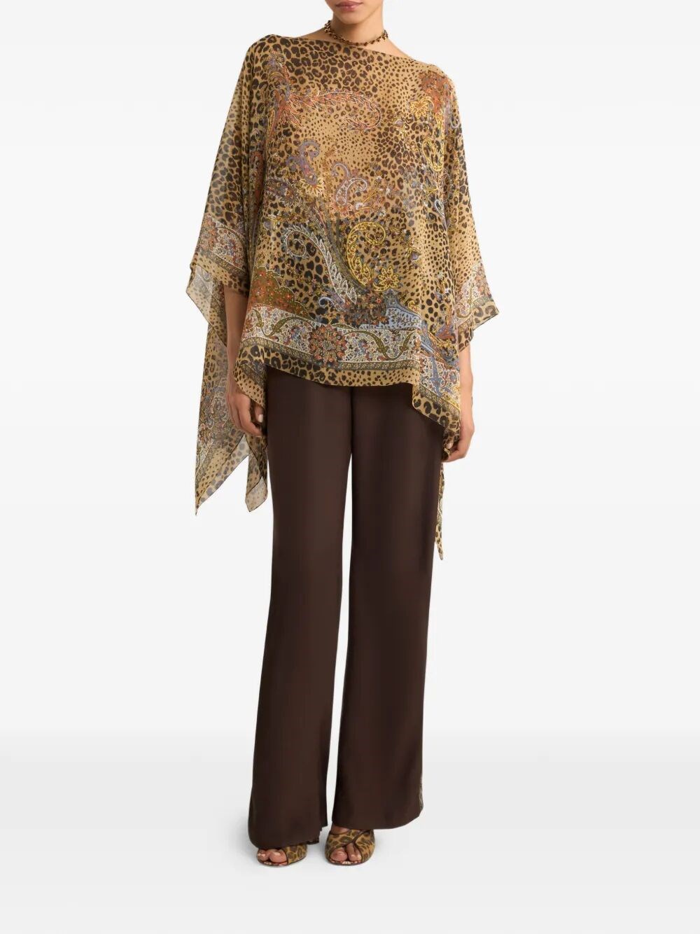 SILK PONCHO TOP WITH PAISLEY AND ANIMAL MOTIF