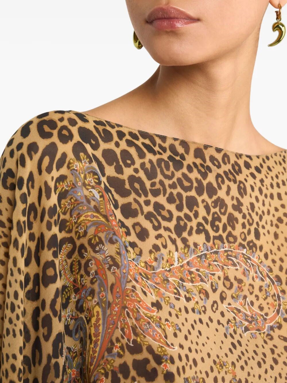 SILK PONCHO TOP WITH PAISLEY AND ANIMAL MOTIF
