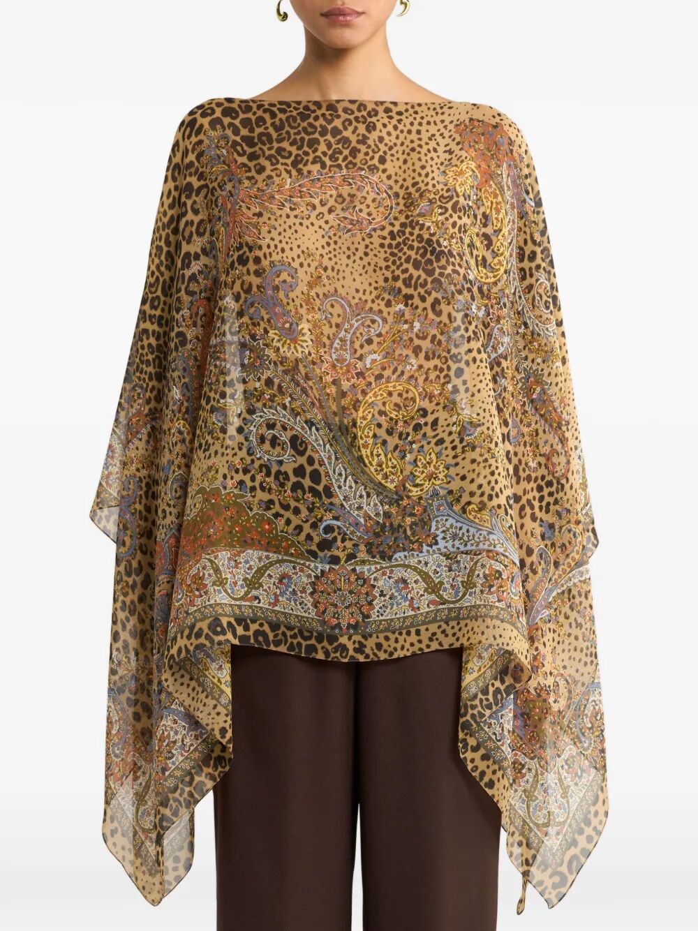 SILK PONCHO TOP WITH PAISLEY AND ANIMAL MOTIF