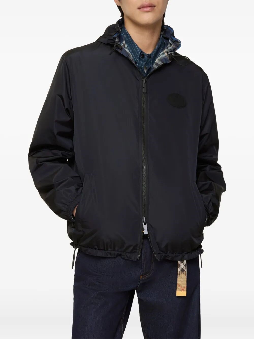 CHECK-PRINT HOODED REVERSIBLE NYLON JACKET