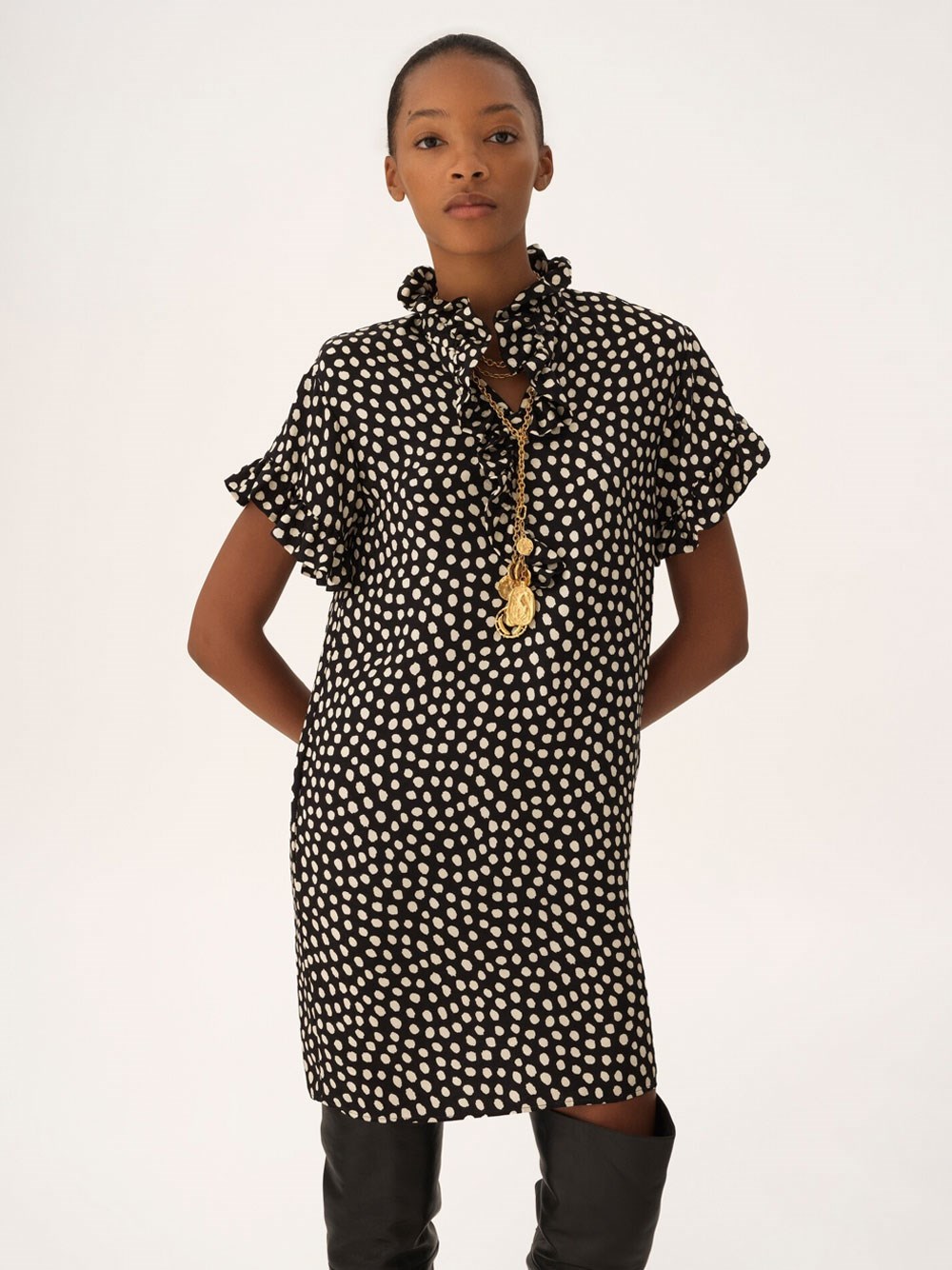 SHORT-SLEEVED DOTS-PRINT SILK JACQUARD MINI DRESS