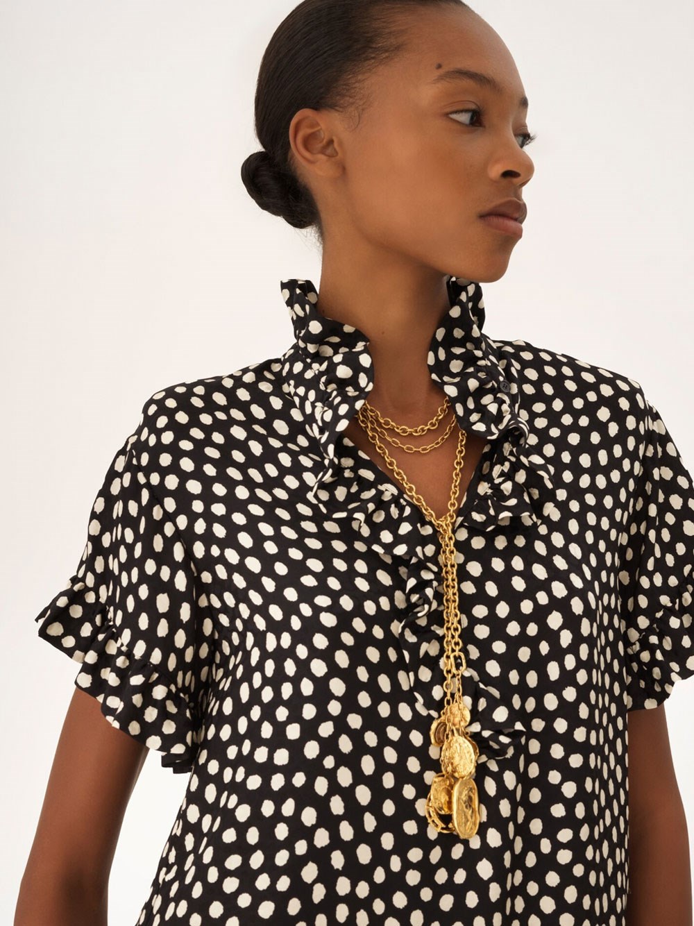 SHORT-SLEEVED DOTS-PRINT SILK JACQUARD MINI DRESS