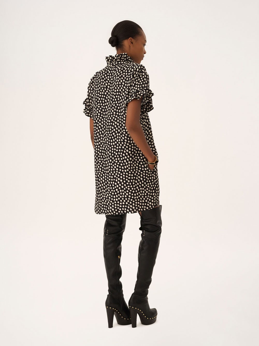 SHORT-SLEEVED DOTS-PRINT SILK JACQUARD MINI DRESS