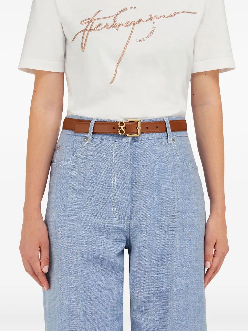 DOUBLE GANCINI SQUARE BUCKLE LEATHER BELT