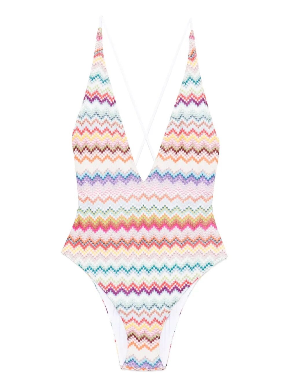 V-NECK ONE-PIECE SWIMSUIT IN LAMÉ VISCOSE WITH PIXEL-EFFECT ZIGZAG PATTERN