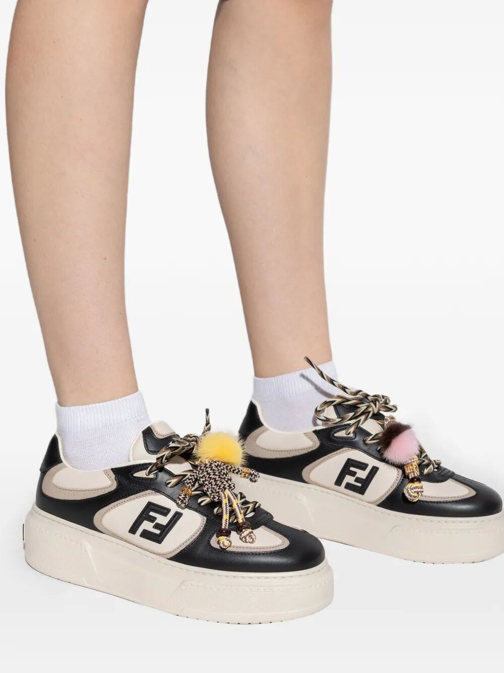 FENDI MATCH LEATHER PLATFORM SNEAKERS WITH CHARMS
