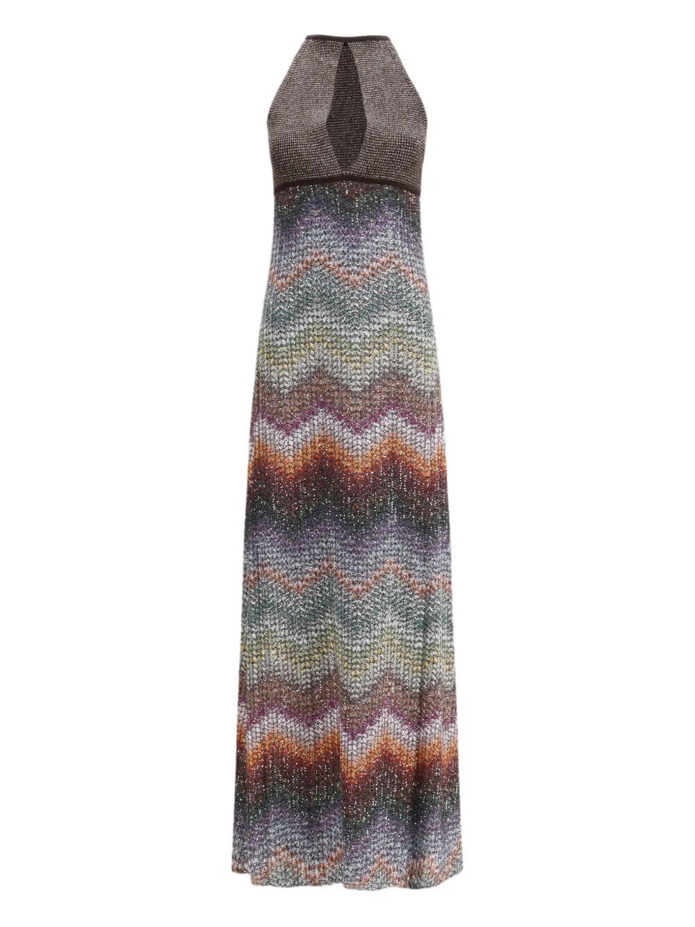 LONG HALTER-NECK DRESS IN A GREEK-STYLE ZIGZAG KNIT WITH SEQUINS