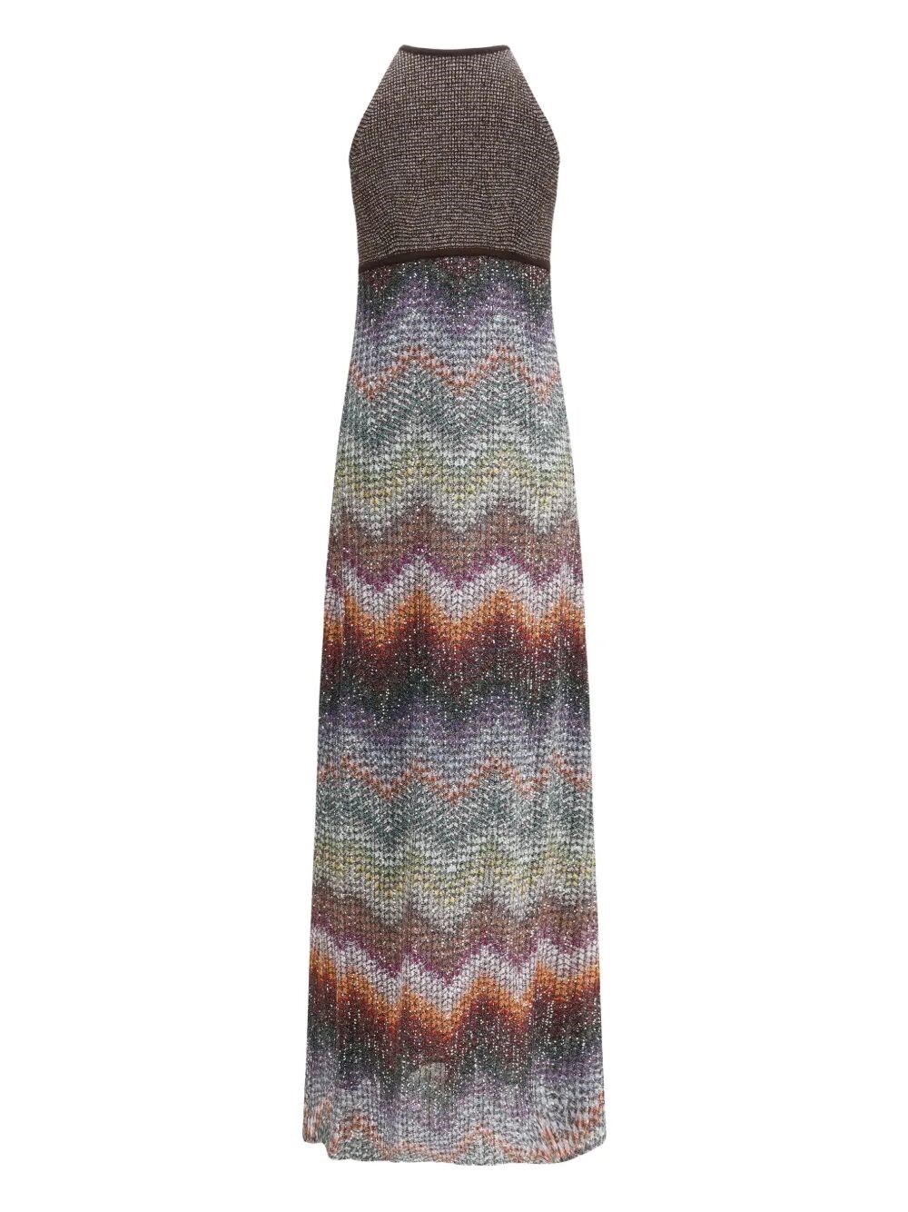 LONG HALTER-NECK DRESS IN A GREEK-STYLE ZIGZAG KNIT WITH SEQUINS