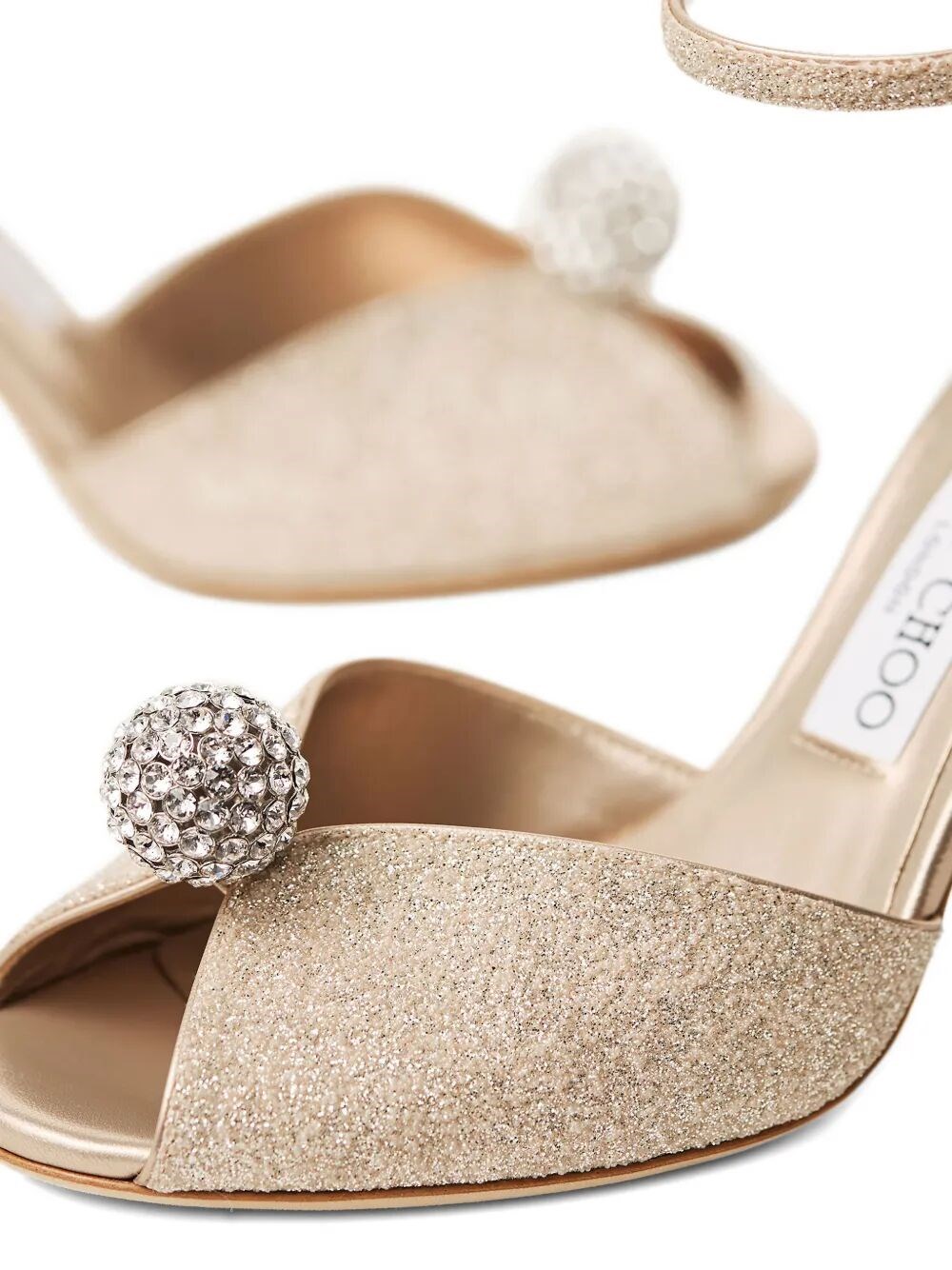 SAKORA 85 LIGHT GOLD GLITTER FABRIC SANDALS WITH CRYSTAL SPHERE