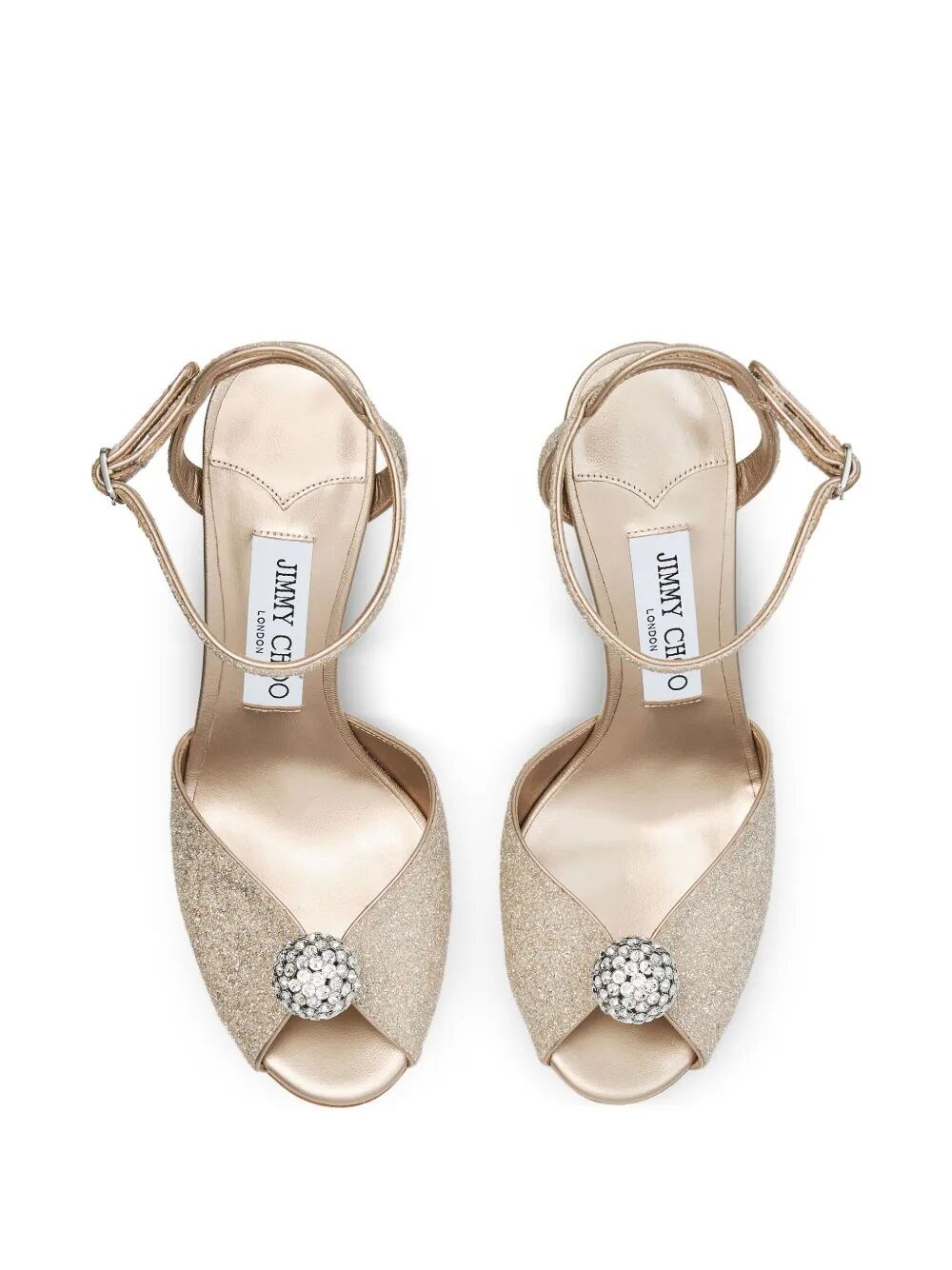 SAKORA 85 LIGHT GOLD GLITTER FABRIC SANDALS WITH CRYSTAL SPHERE