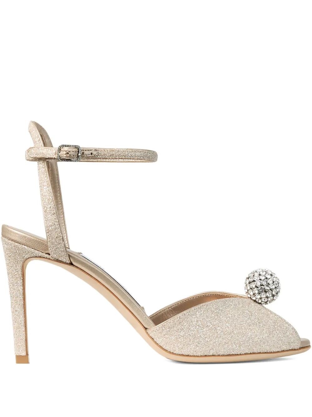 SAKORA 85 LIGHT GOLD GLITTER FABRIC SANDALS WITH CRYSTAL SPHERE