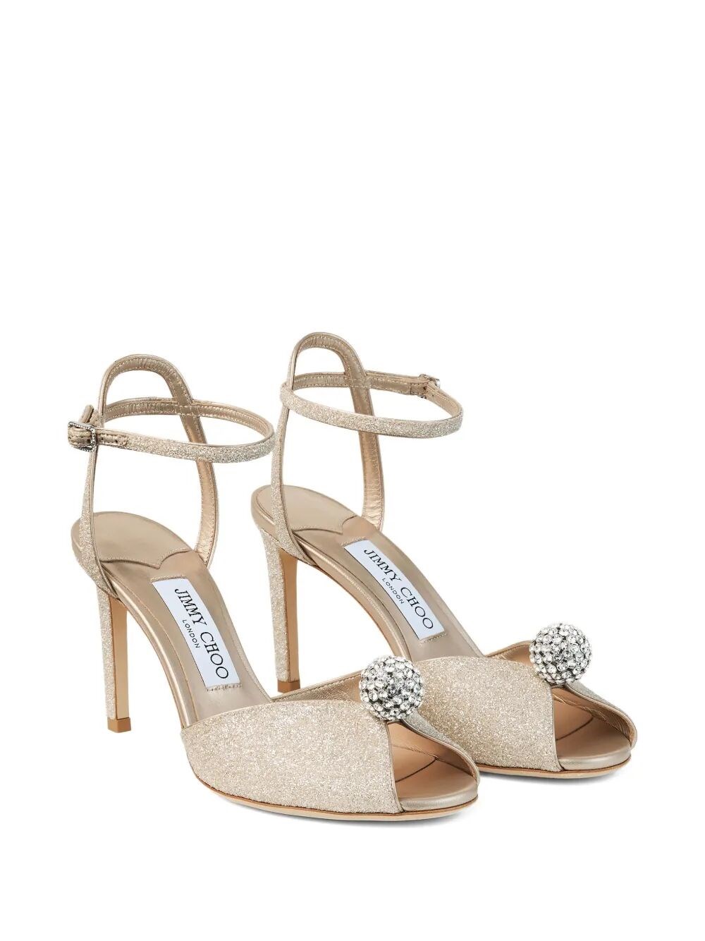 SAKORA 85 LIGHT GOLD GLITTER FABRIC SANDALS WITH CRYSTAL SPHERE