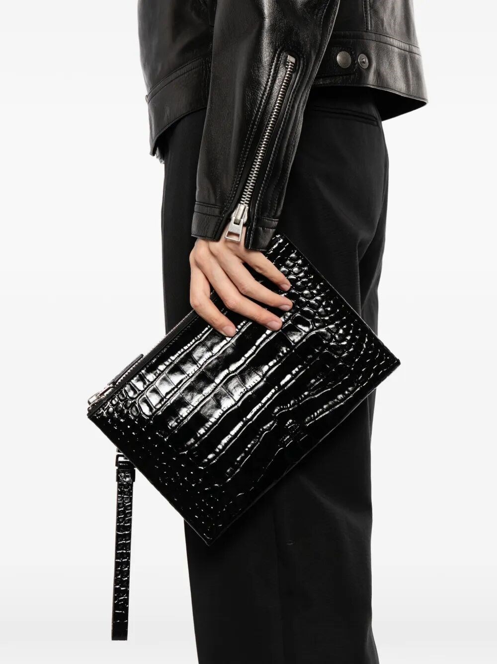 CROCODILE-EFFECT LEATHER CLUTCH