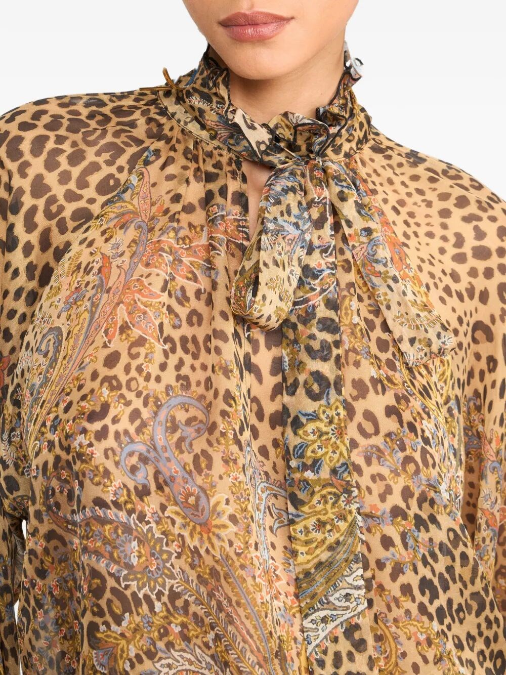 SILK CHIFFON BLOUSE WITH SCARF AND ANIMAL PAISLEY PATTERN 
