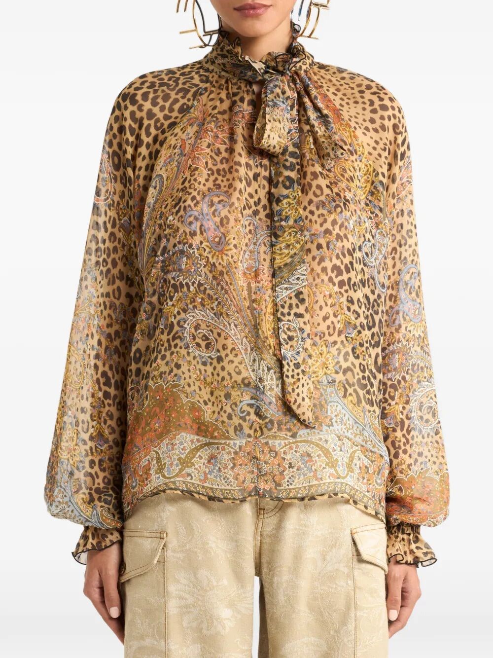 SILK CHIFFON BLOUSE WITH SCARF AND ANIMAL PAISLEY PATTERN 