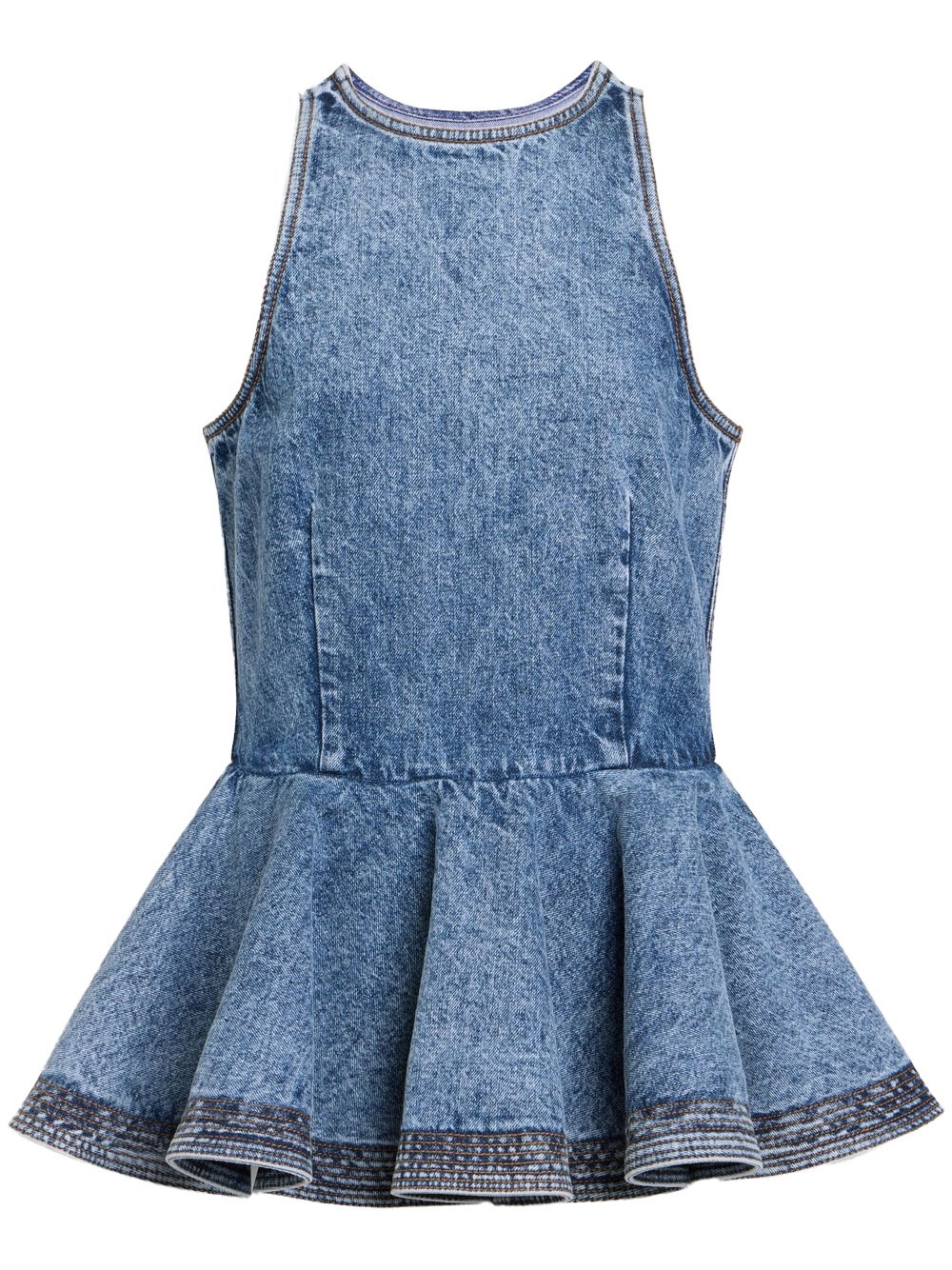 PEPLUM DENIM TOP WITH RUFFLED HEM