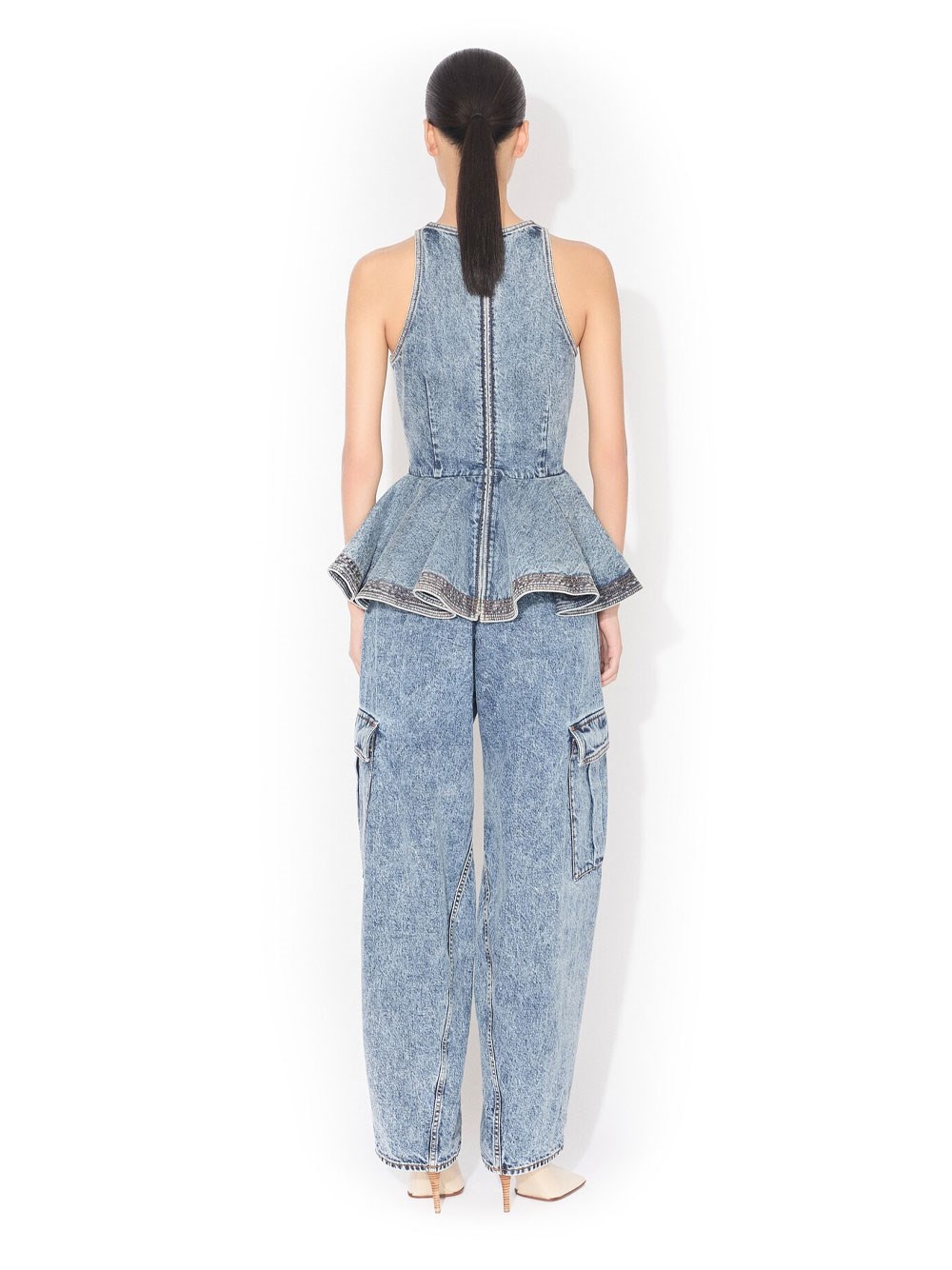 PEPLUM DENIM TOP WITH RUFFLED HEM