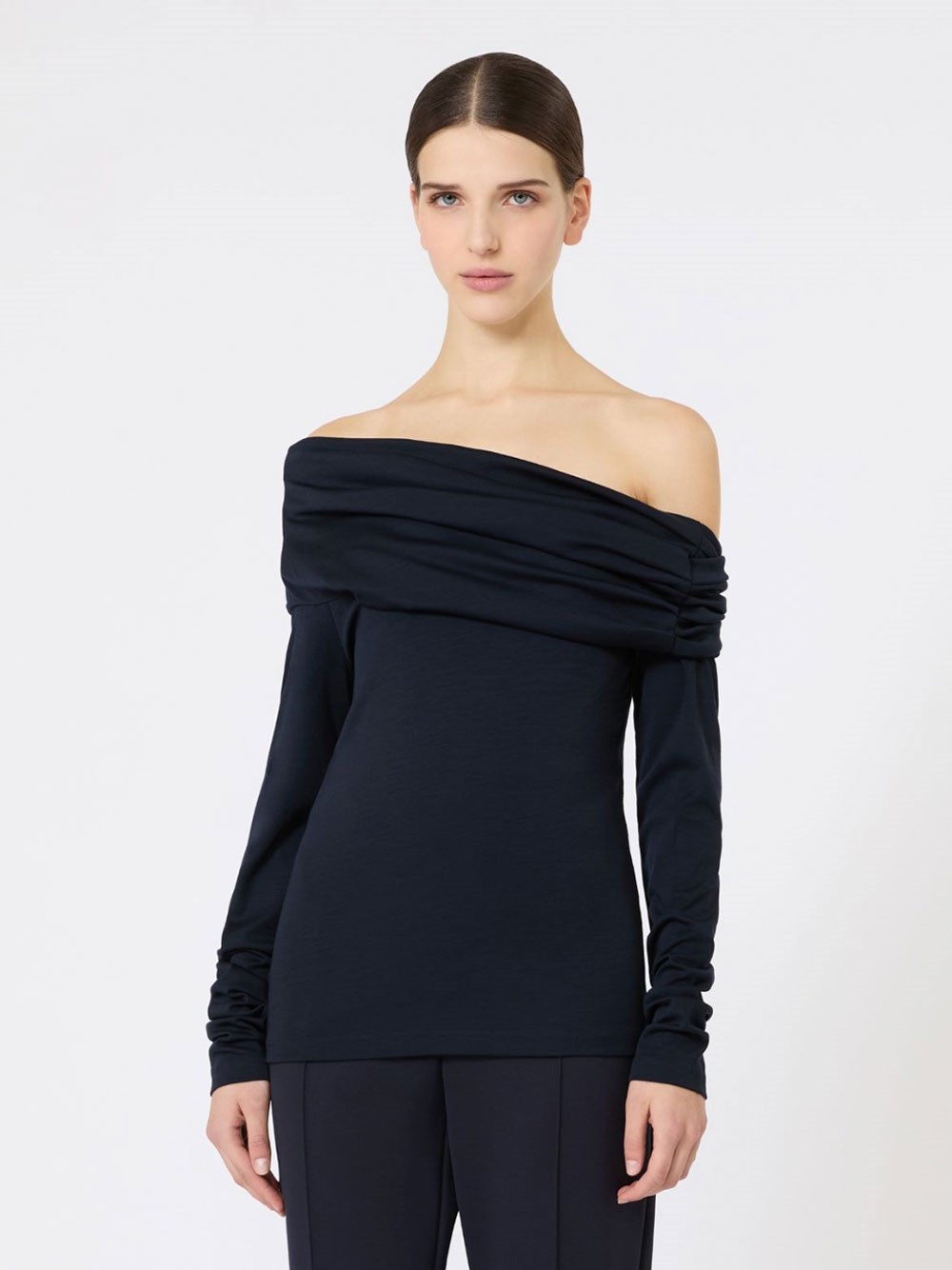 WOOL OFF-THE-SHOULDER DRAPED TOP