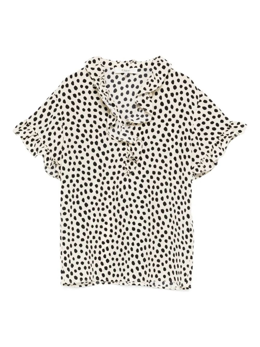 DOTS PRINT RUFFLE TOP IN CRÊPE DE CHINE