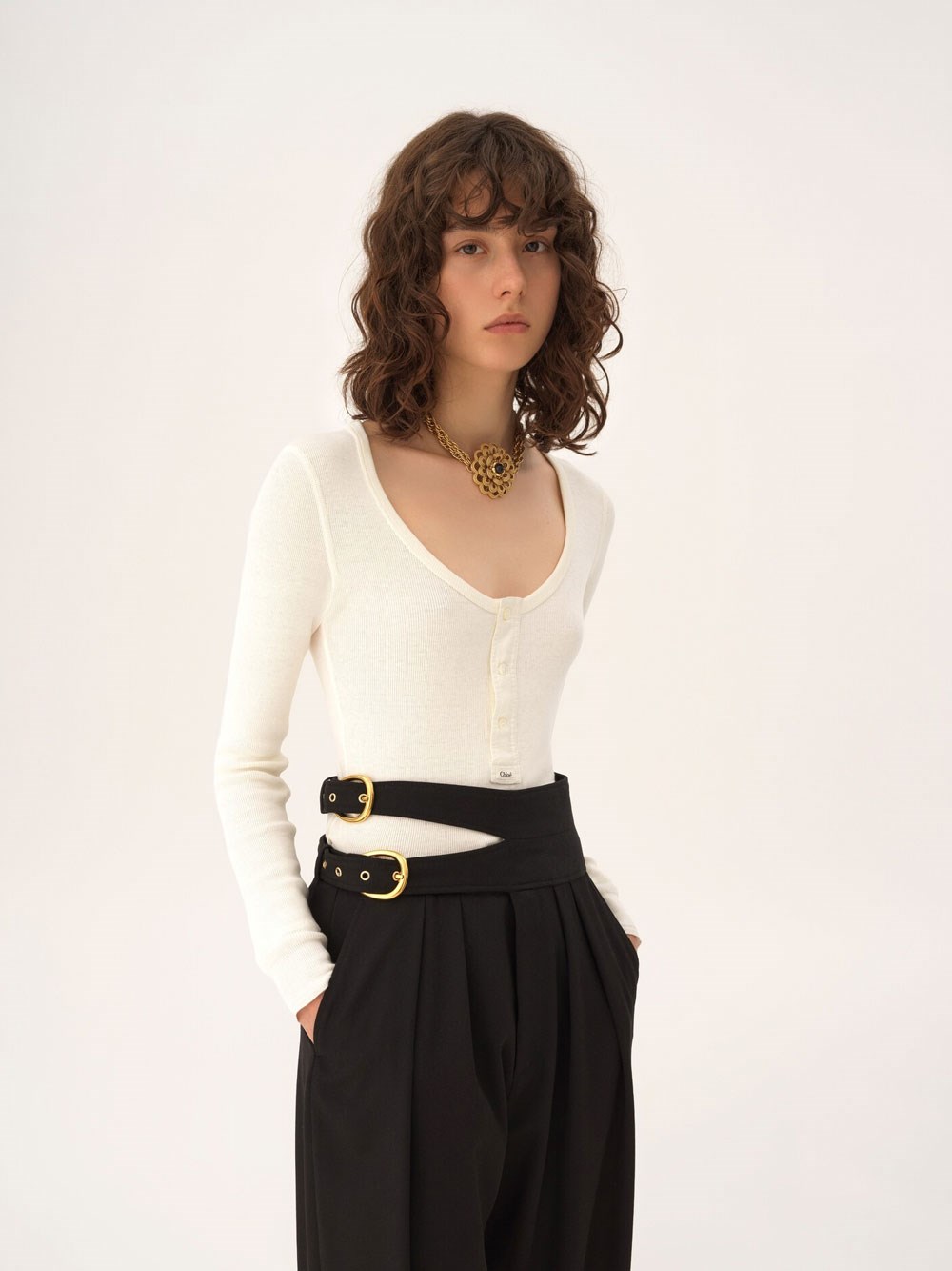 SCOOP-NECK COTTON JERSEY HENLEY TOP