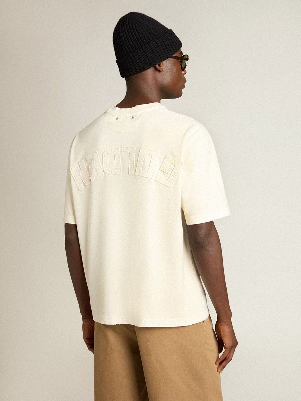 AGED-EFFECT COTTON T-SHIRT WITH REVERSE LOGO ON THE BACK