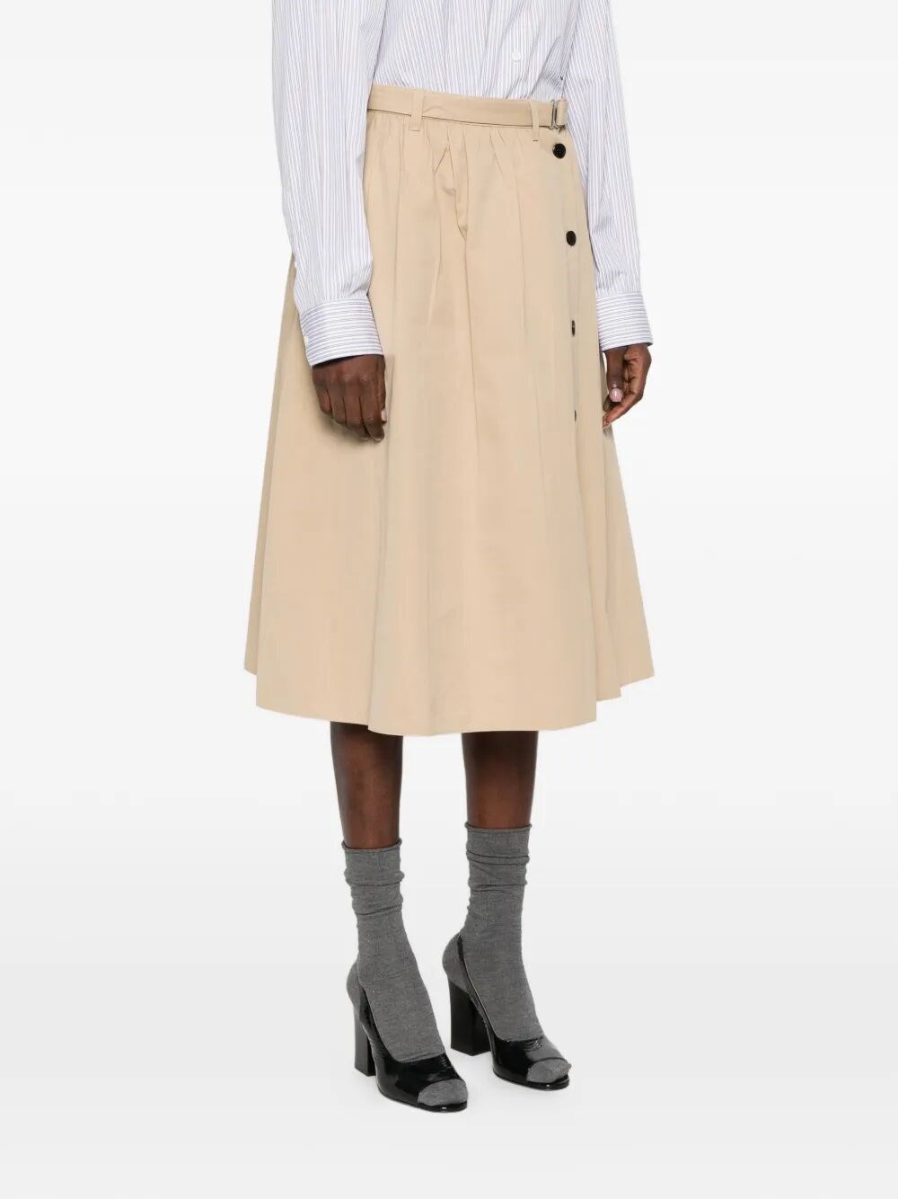 BUTTON-DETAIL BELTED COTTON MIDI SKIRT