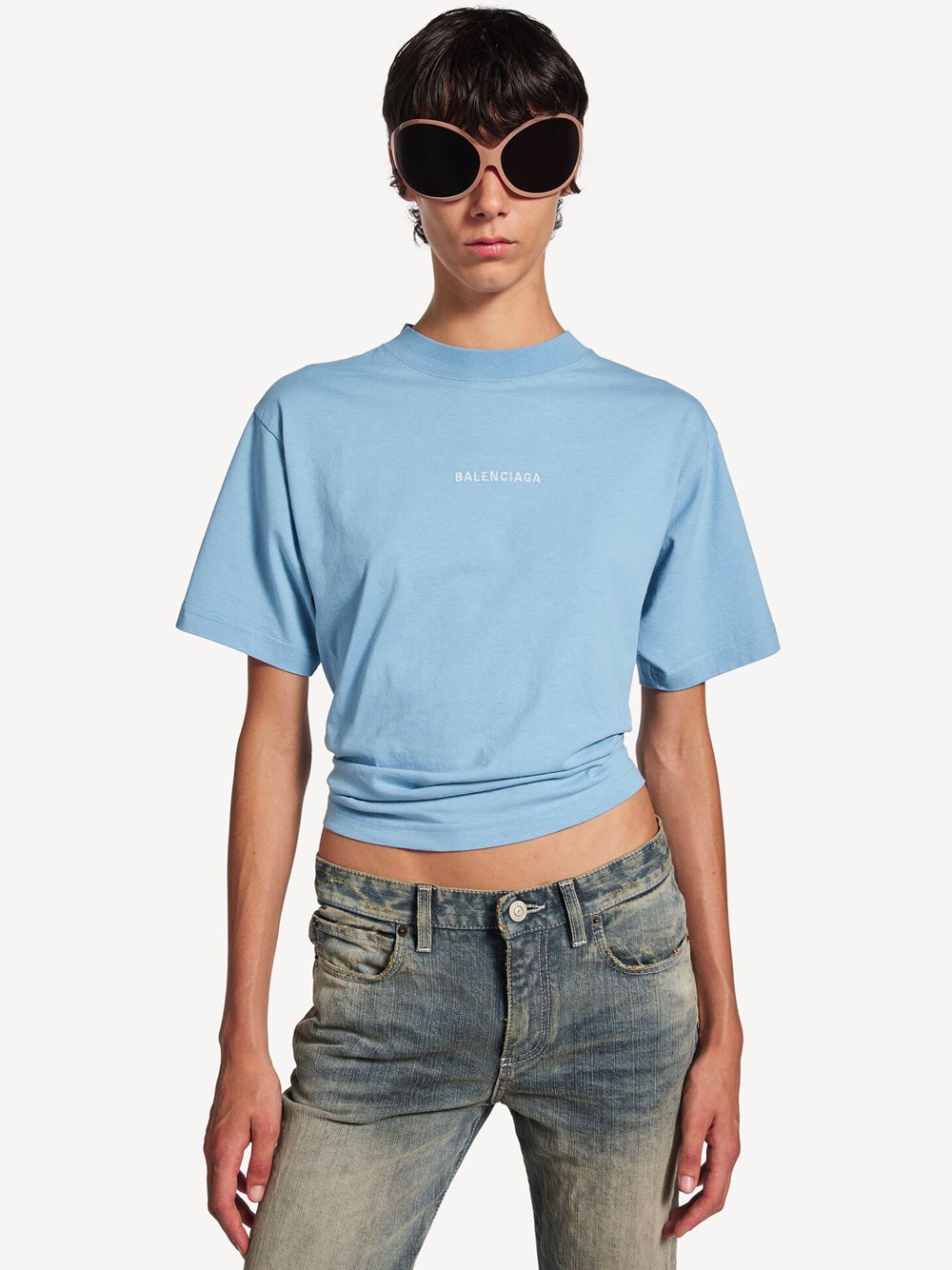 WOMEN`S BALENCIAGA BACK T-SHIRT MEDIUM FIT IN LIGHT BLUE/WHITE