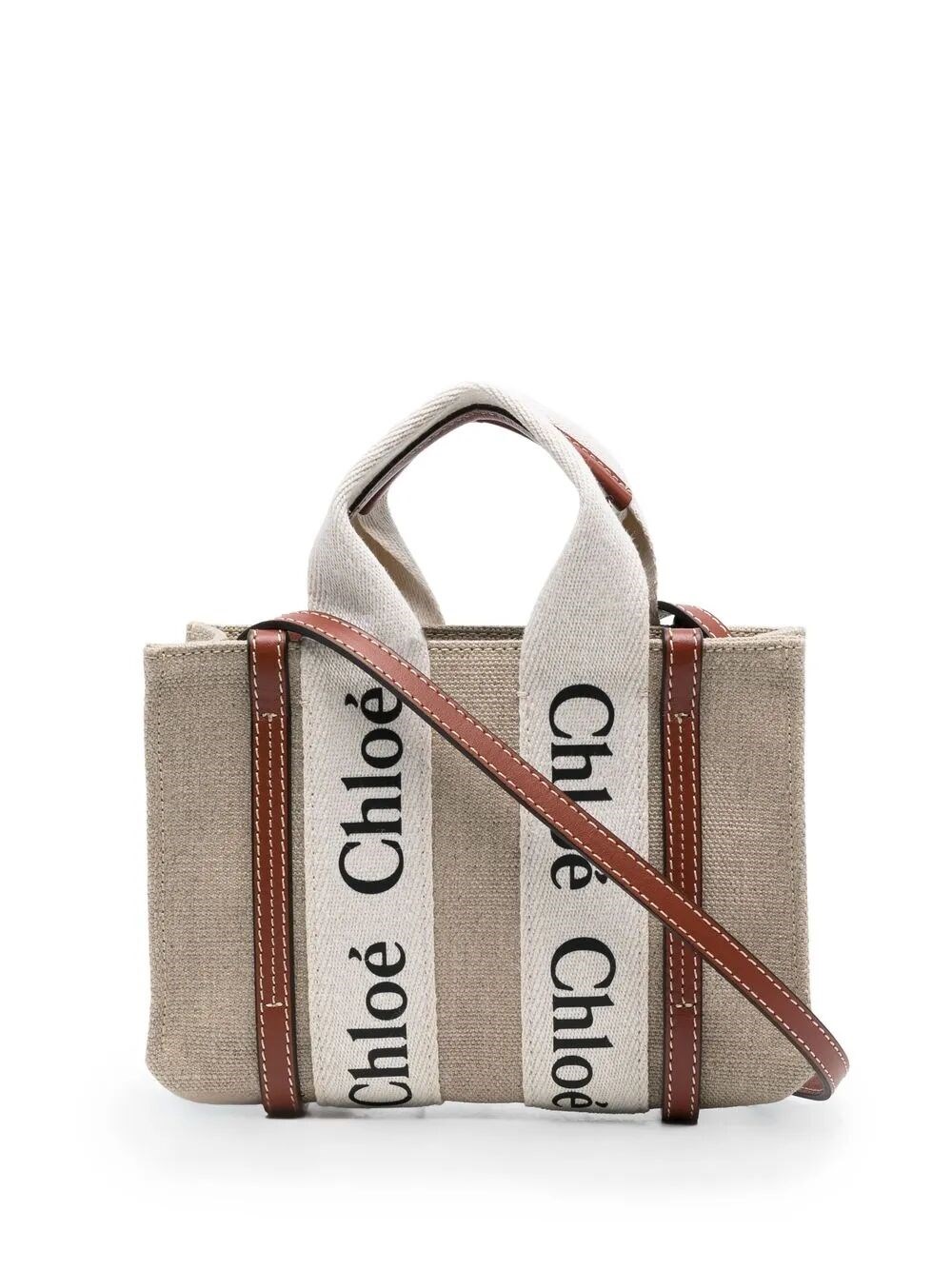 Chloé Woody Mini Tote Bag In Linen In Nude