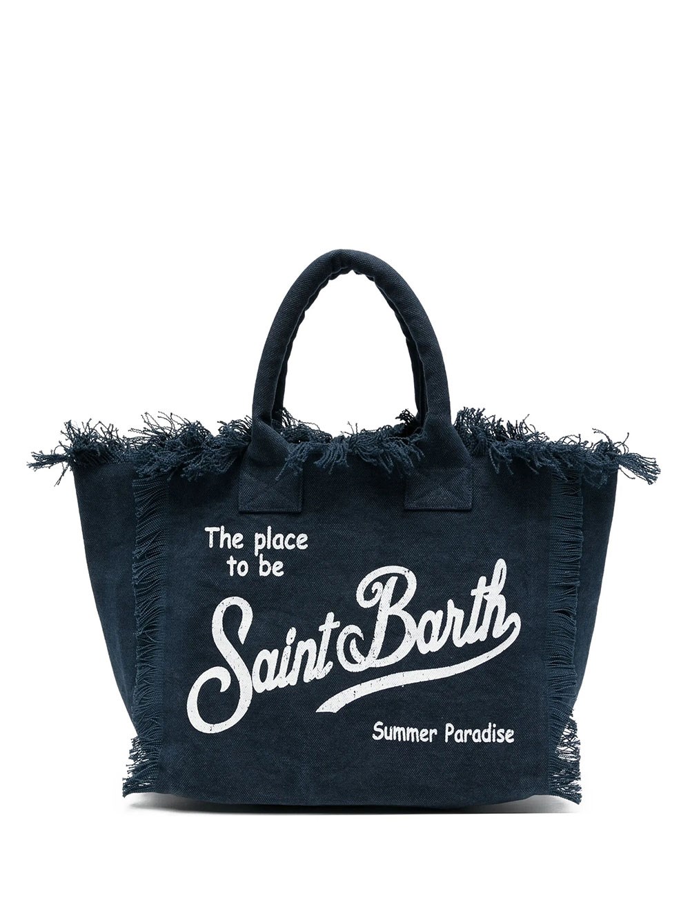 Mc2 Saint Barth Large Vanity Bag Navy Blue In Canvas With Fringes