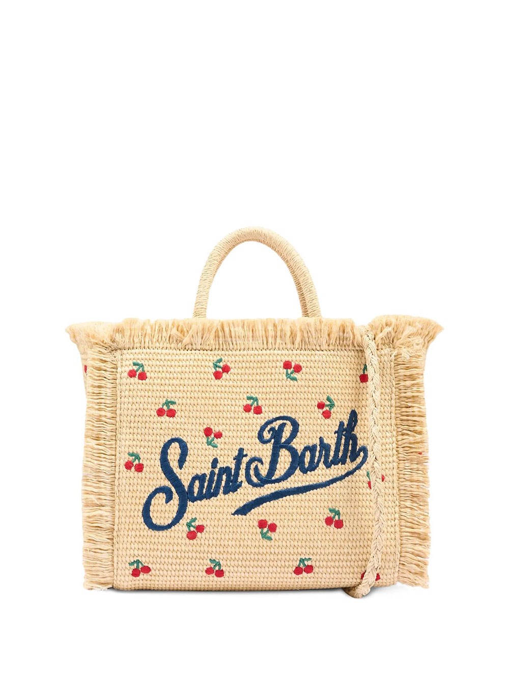 Mc2 Saint Barth Colette Medium Bag In Straw Effect Fabric With Cherry Embroidery In Nude