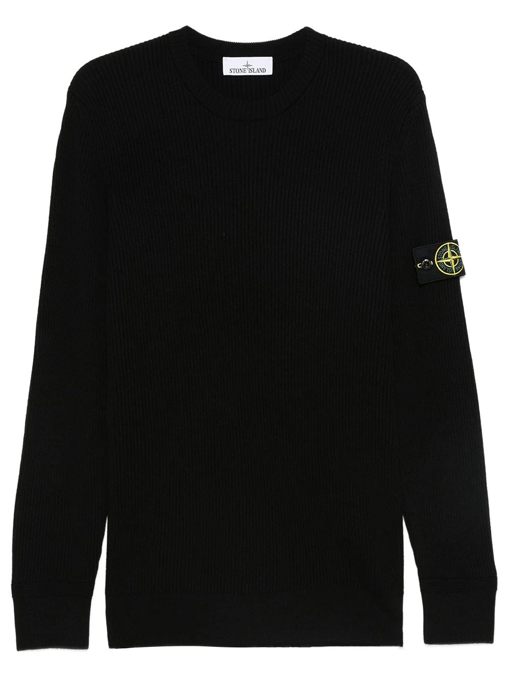 Stone Island Men's Black Crew Neck Sweater With Ribbed Edges