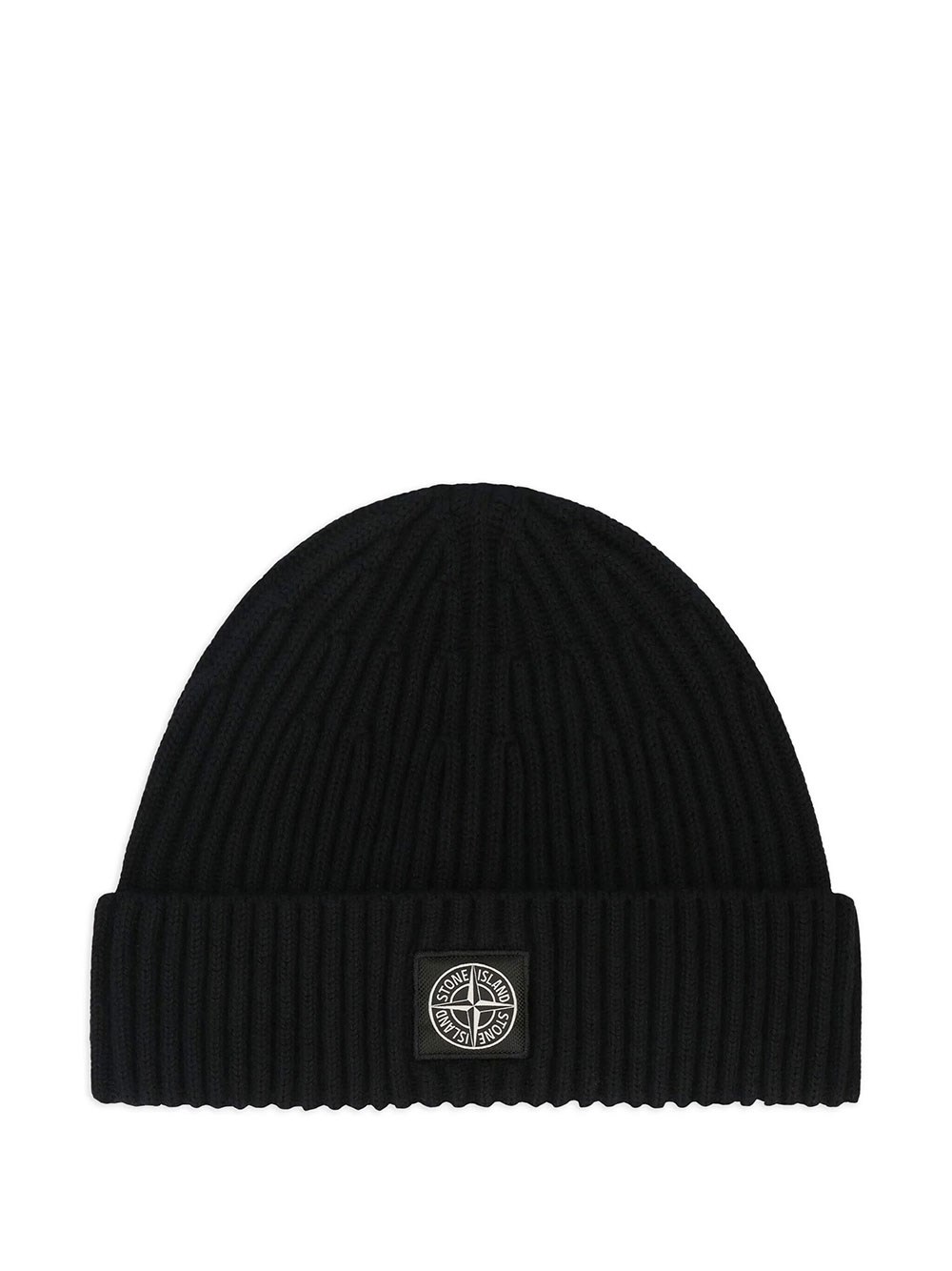 Stone Island Men's Black Ribbed Wool Beanie With Compass Patch