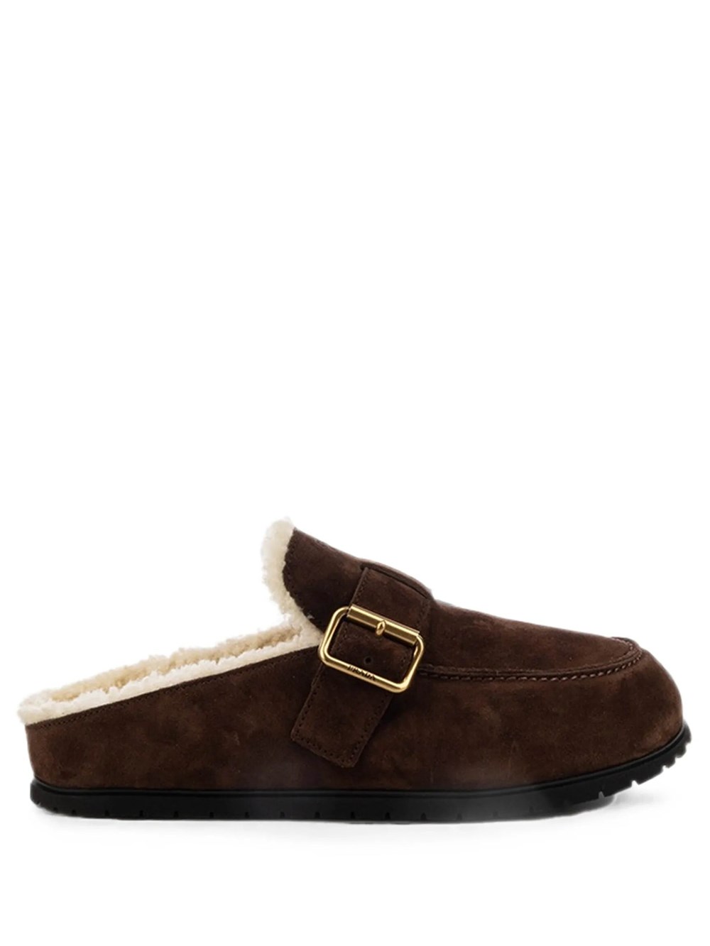 Prada Women's Brown Suede Clogs With Buckle And Sheepskin Lining