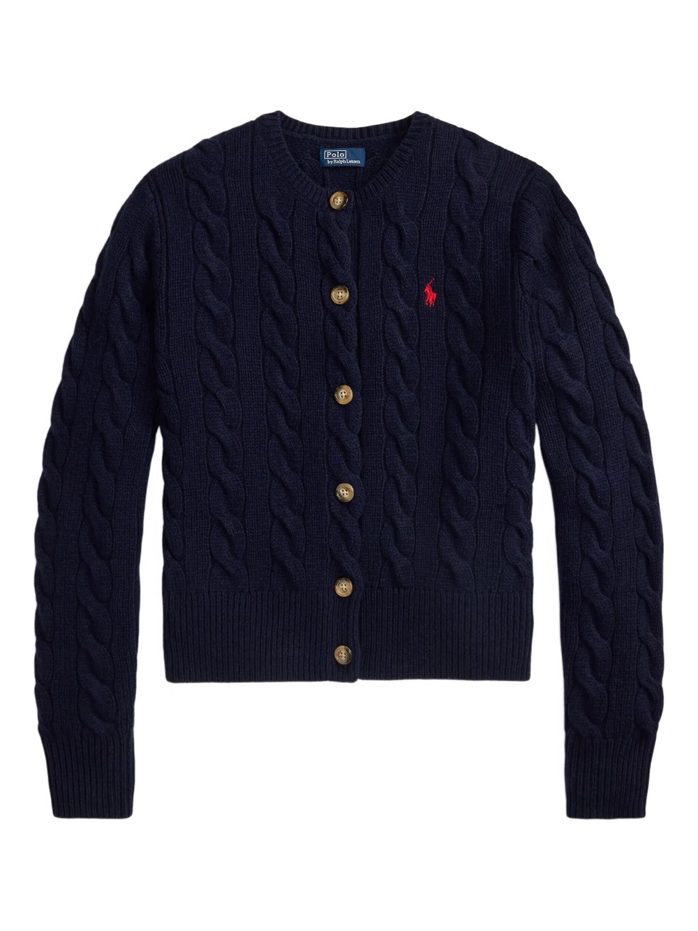Polo Ralph Lauren Crew Neck Cable Knit Wool Blend Cardigan In Blue
