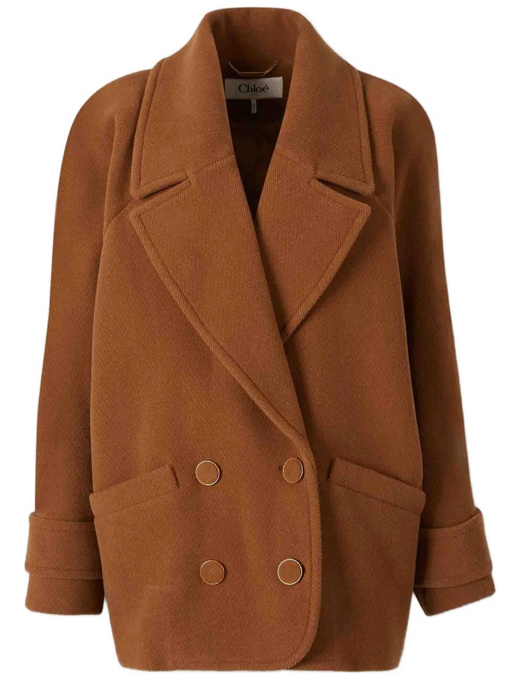 Chloé Women's Brown Short Double-Breasted Wool Coat With Herringbone Pattern