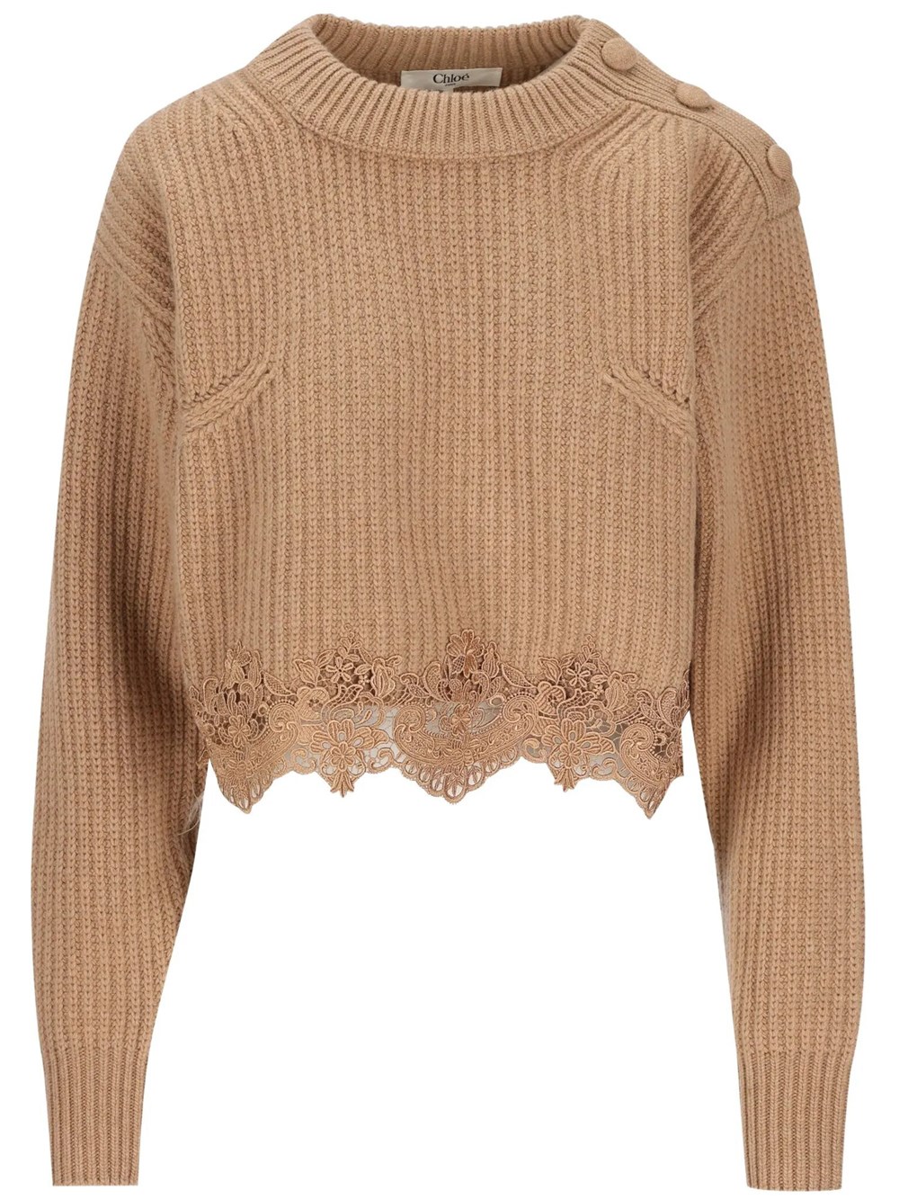 Chloé Women's Nude & Neutrals Short Pullover With Turtleneck In Wool And Cashmere With Lace