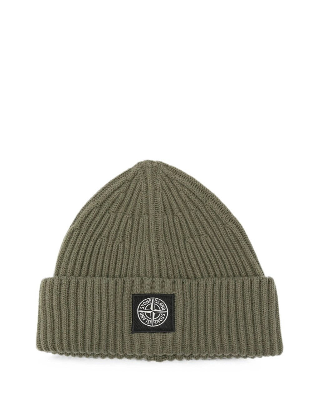 Stone Island Men's Green Ribbed Wool Beanie With Compass Patch