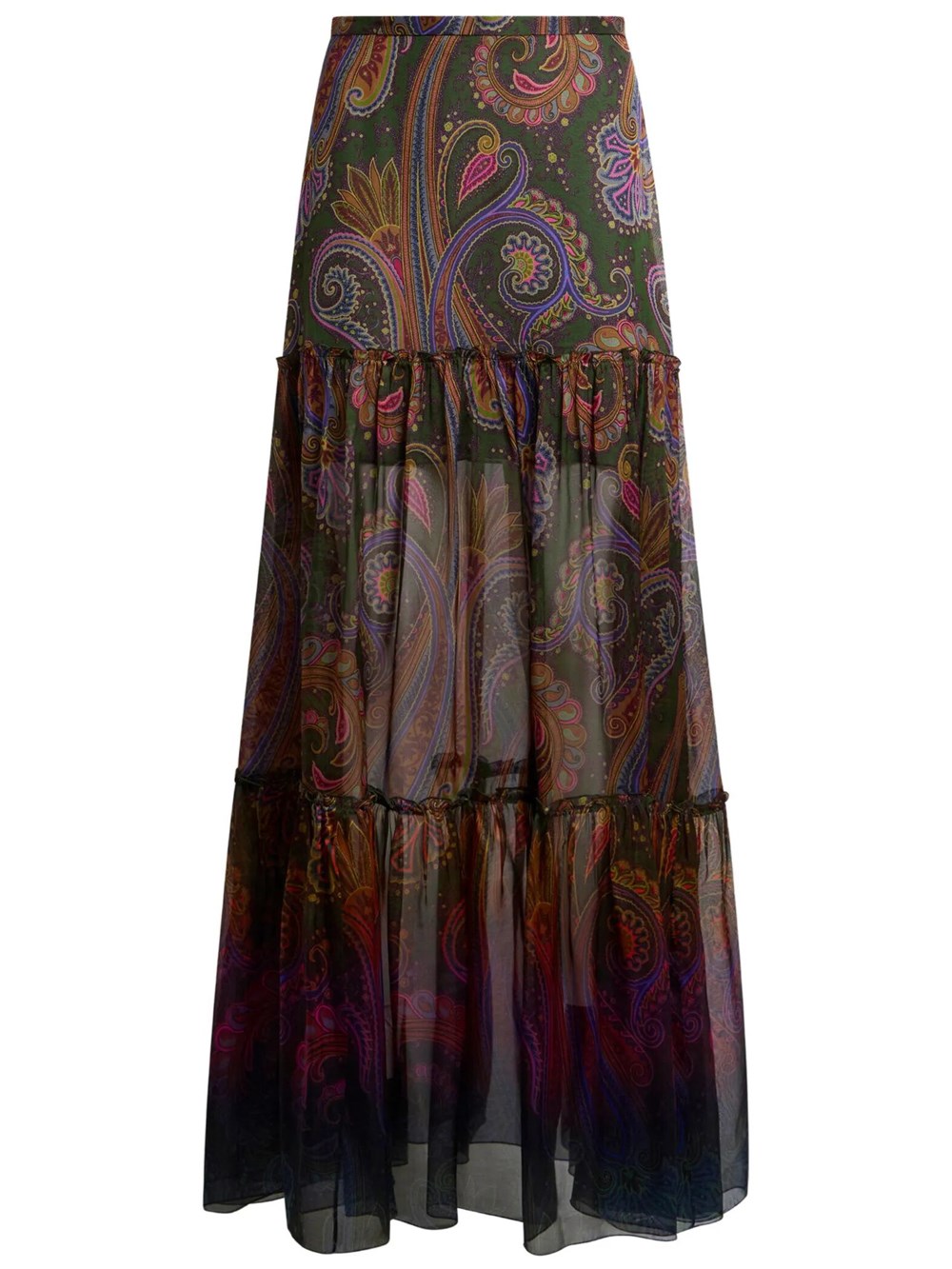 Etro Women's Green Long Silk Skirt With Placed Paisley Print