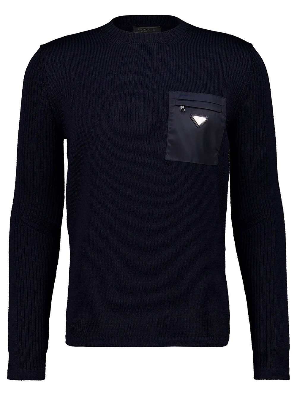 Prada Men's Blue Wool Sweater With Nylon Patch Pocket